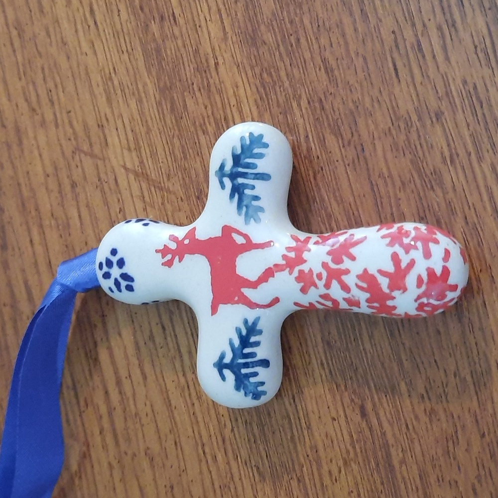 Polish Pottery Reindeer Cross Ornament